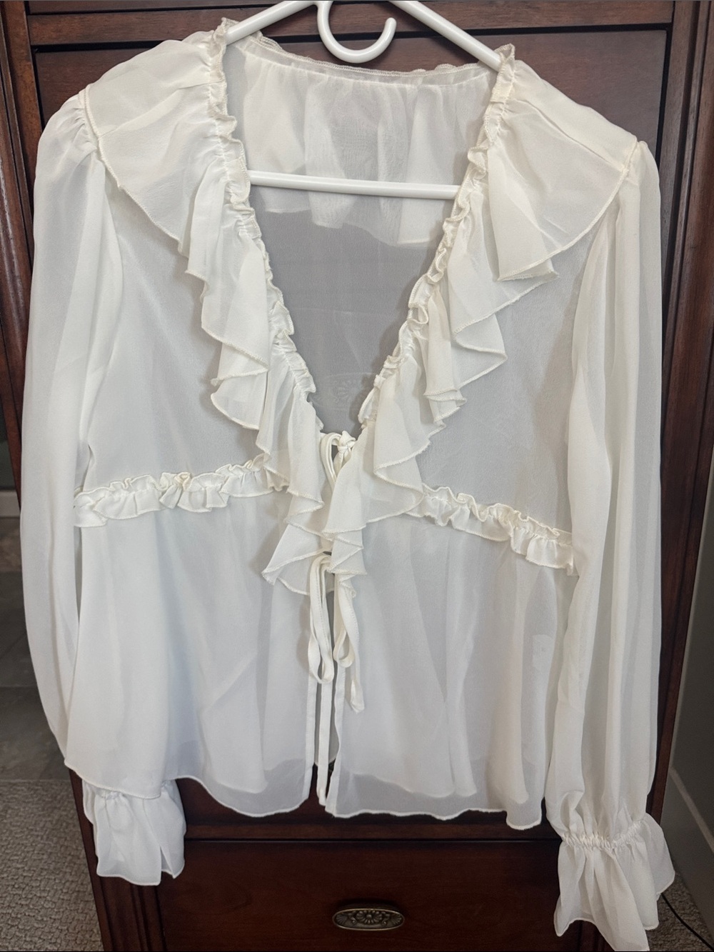 Miqil cream boho long sleeve sheer blouse medium - Picture 2 of 5